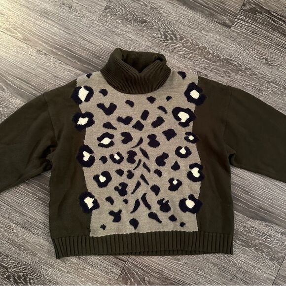 Escada Olive Green Leopard Turtleneck Sweatwer - Picture 3 of 11